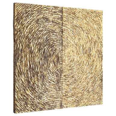 Wooden panel with concentric circular patterns on a white background