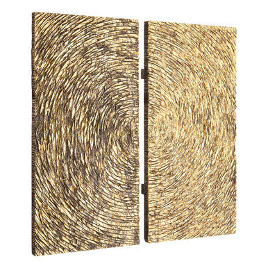 Two wooden panels with a textured, circular pattern on a white background