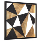 Geometric triangle pattern in black, gold, and white on a framed wall art piece.