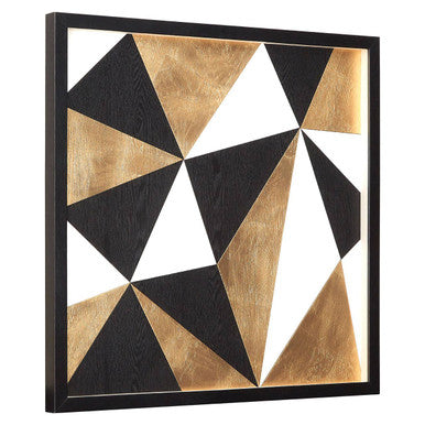 Geometric triangle pattern in black, gold, and white on a framed wall art piece.