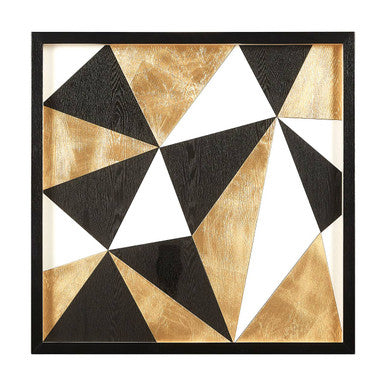 Geometric triangle pattern in black, gold, and white on a white background