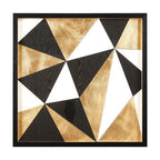 Geometric triangle pattern in black, gold, and white on a white background