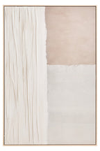 Abstract art piece with horizontal stripes in beige, white, and gray on a white background