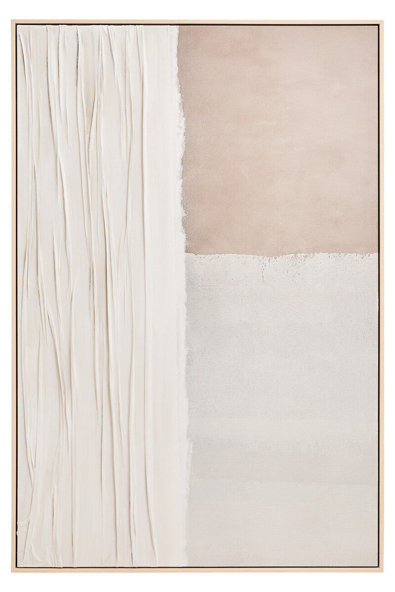 Abstract art piece with horizontal stripes in beige, white, and gray on a white background