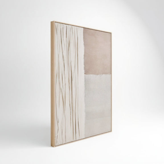 Abstract art piece with neutral colors and a gold frame on a white background