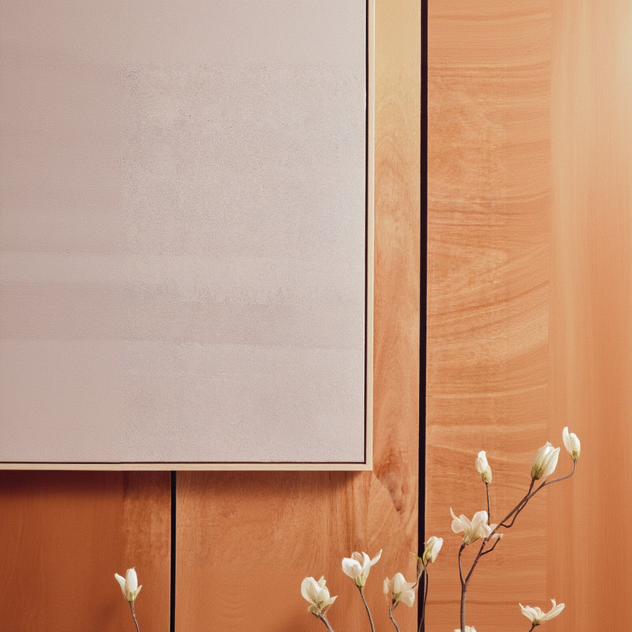 Close-up of a wooden panel with a neutral-colored wall in the background