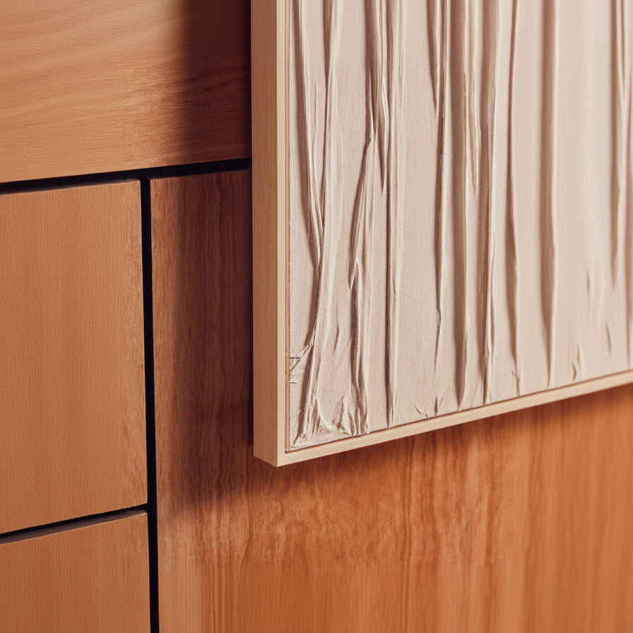 Wooden cabinet with a textured panel on a wooden wall