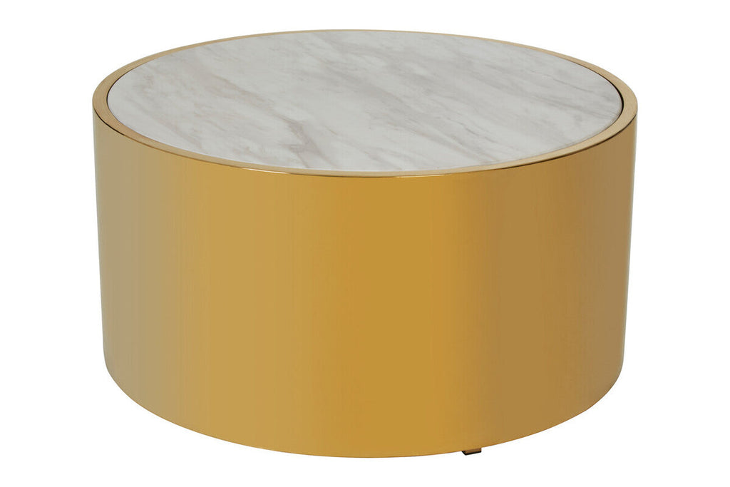 Round coffee table with marble top and gold base on a white background