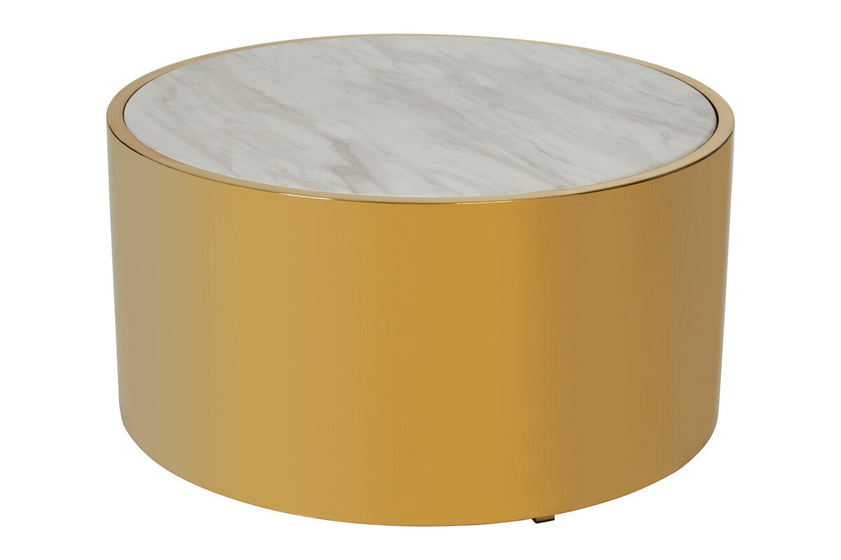 Round coffee table with marble top and gold base on a white background