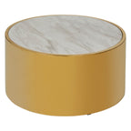 Round gold table with marble-patterned top on a white background