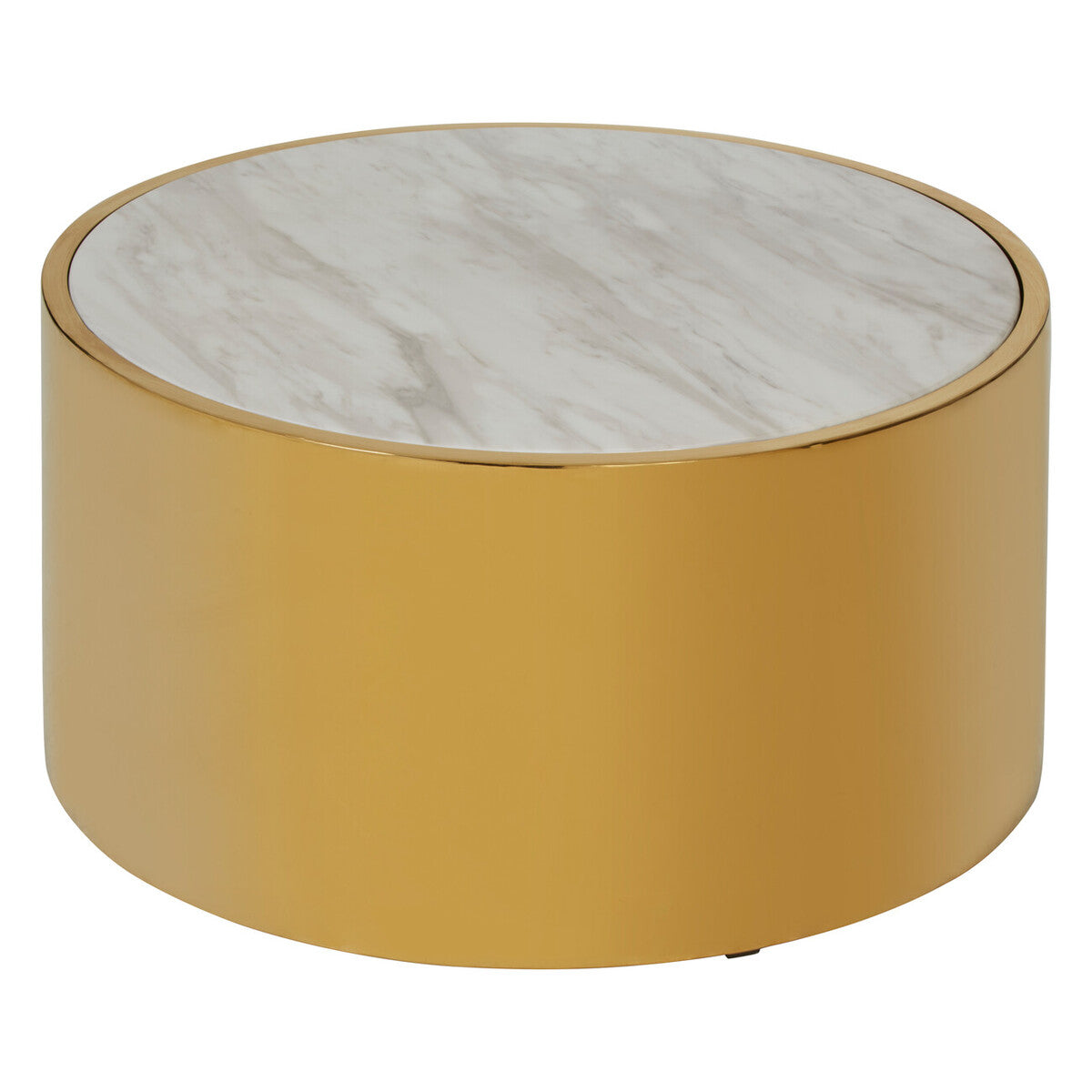 Round gold table with marble-patterned top on a white background