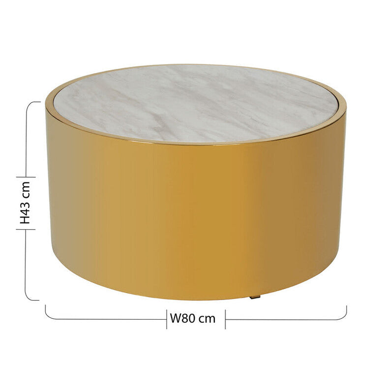 Round ottoman with marble top and dimensions on a white background