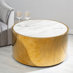 Round wooden coffee table with marble top in a living room setting