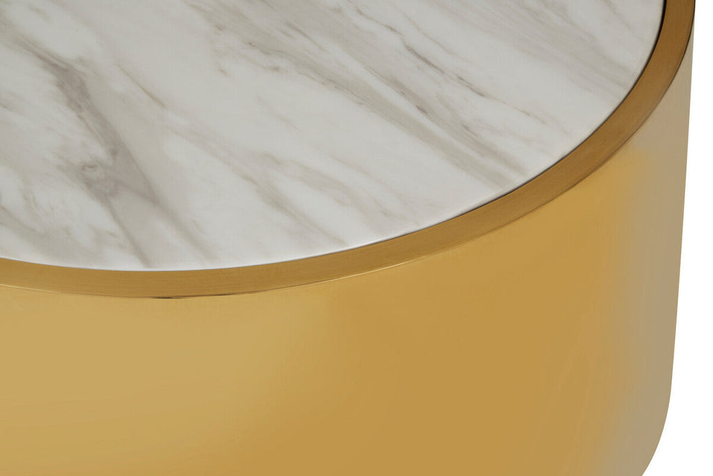 Close-up of a yellow container with a white marble-patterned lid.