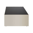 Rectangular coffee table with black top and beige base on a white background