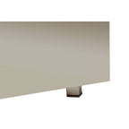 Beige rectangular object with a metallic base on a white background