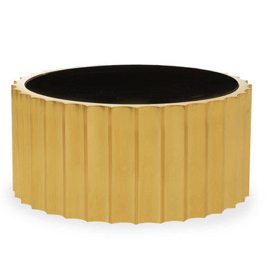 Round wooden planter with black interior on a white background