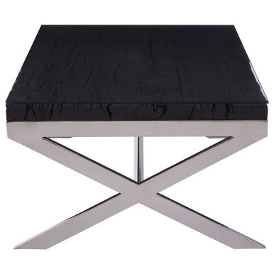Square Black Wood and Clear Glass Top Coffee Table with Silver Cross Base | Kerala