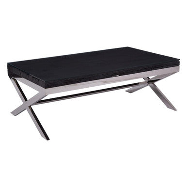 Square Black Wood and Clear Glass Top Coffee Table with Silver Cross Base | Kerala
