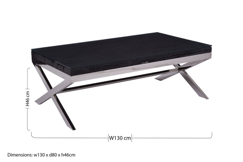 Square Black Wood and Clear Glass Top Coffee Table with Silver Cross Base | Kerala