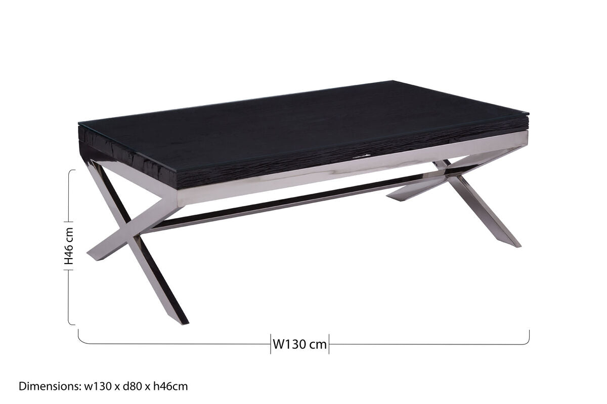 Square Black Wood and Clear Glass Top Coffee Table with Silver Cross Base | Kerala
