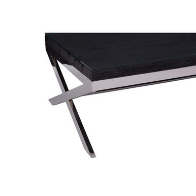 Square Black Wood and Clear Glass Top Coffee Table with Silver Cross Base | Kerala