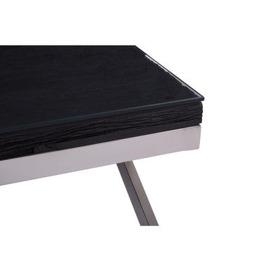 Square Black Wood and Clear Glass Top Coffee Table with Silver Cross Base | Kerala
