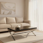 Square Black Wood and Clear Glass Top Coffee Table with Silver Cross Base | Kerala