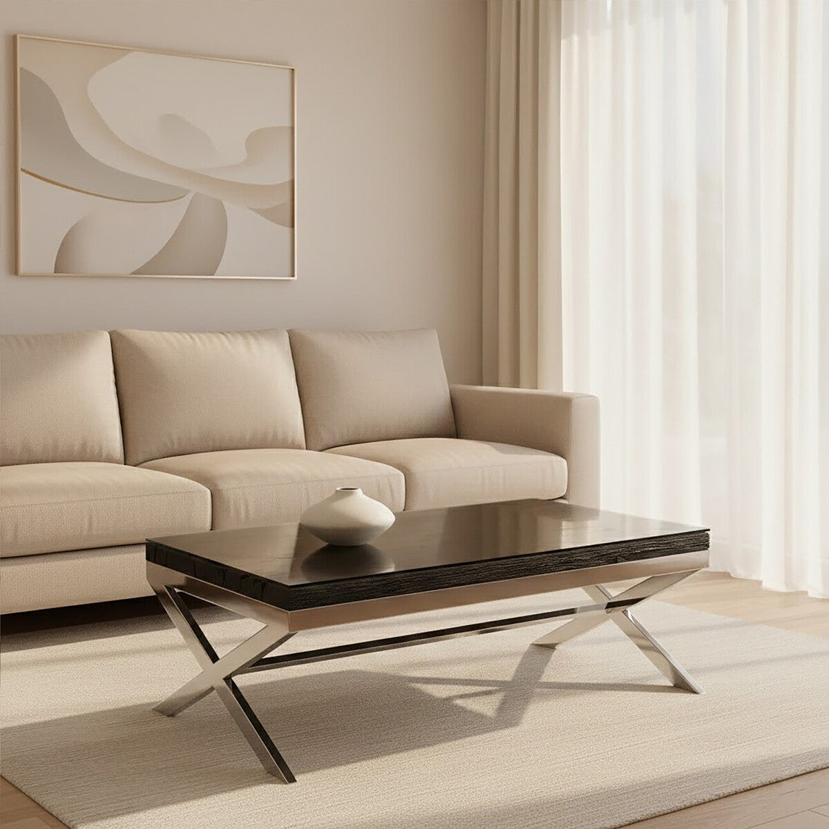 Square Black Wood and Clear Glass Top Coffee Table with Silver Cross Base | Kerala