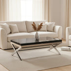 Square Black Wood and Clear Glass Top Coffee Table with Silver Cross Base | Kerala
