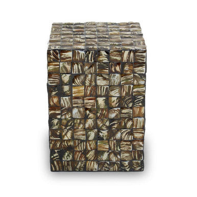 Branna Mother of Pearl Cube Side Table with handcrafted shell inlay finish, luxury accent table for living room and bedroom décor.