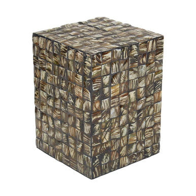 Branna Mother of Pearl Cube Side Table with handcrafted shell inlay finish, luxury accent table for living room and bedroom décor.