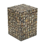 Branna Mother of Pearl Cube Side Table with handcrafted shell inlay finish, luxury accent table for living room and bedroom décor.