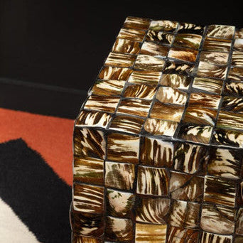 Branna Mother of Pearl Cube Side Table with handcrafted shell inlay finish, luxury accent table for living room and bedroom décor.