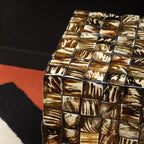 Branna Mother of Pearl Cube Side Table with handcrafted shell inlay finish, luxury accent table for living room and bedroom décor.