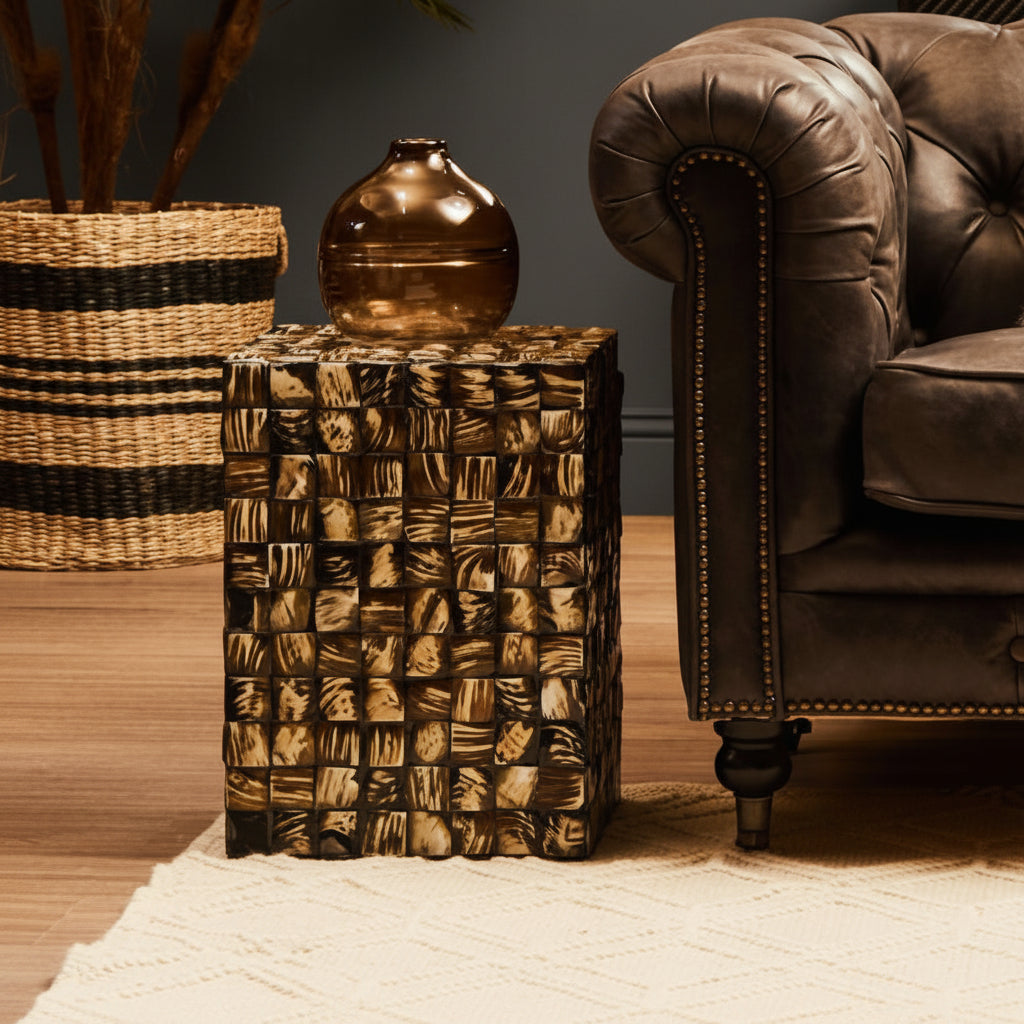 Branna Mother of Pearl Square Side Table with handcrafted shell inlay finish, luxury accent table for living room and bedroom décor.