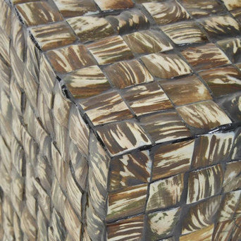 Branna Mother of Pearl Cube Side Table with handcrafted shell inlay finish, luxury accent table for living room and bedroom décor.