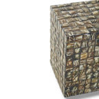 Branna Mother of Pearl Cube Side Table with handcrafted shell inlay finish, luxury accent table for living room and bedroom décor. with white background