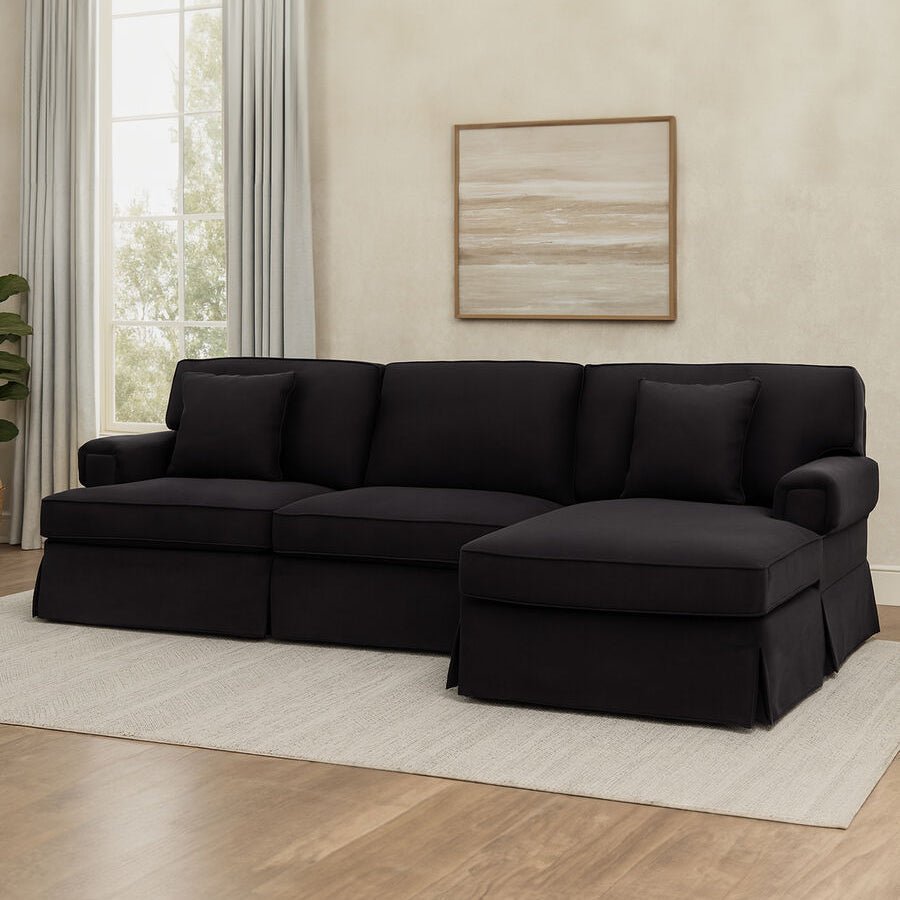 3 Seater Black Velvet Right Chaise Sofa, Ralph