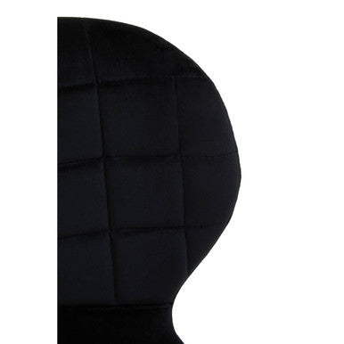 Black quilted headscarf on a mannequin head against a white background