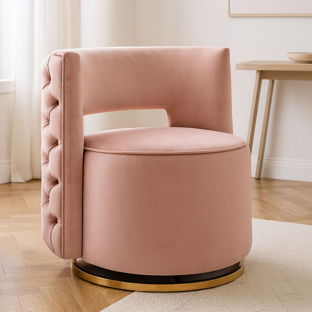 Yasmeen Pink Velvet Tufted Back Swivel Chair