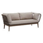 Beige outdoor sofa with wicker frame on a white background
