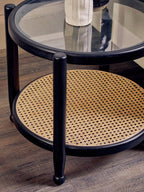 Cebu Black Wood and Natural Rattan Round Side Table