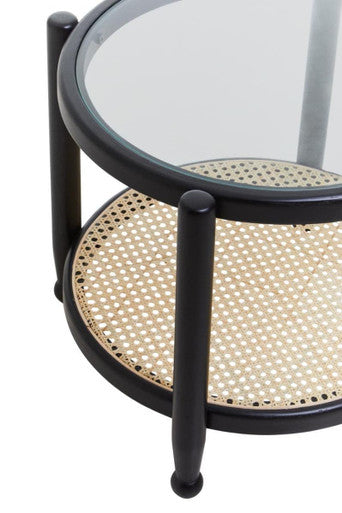 Cebu Black Wood and Natural Rattan Round Side Table