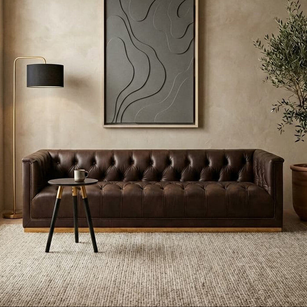 3 Seater Modern Chesterfield Dark Brown Leather Sofa, King