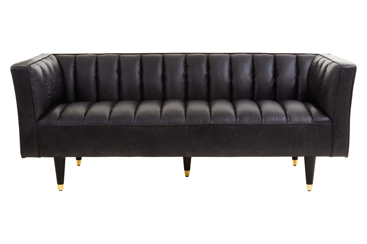 3 Seater Black Leather Sofa with Flared Arms, King
