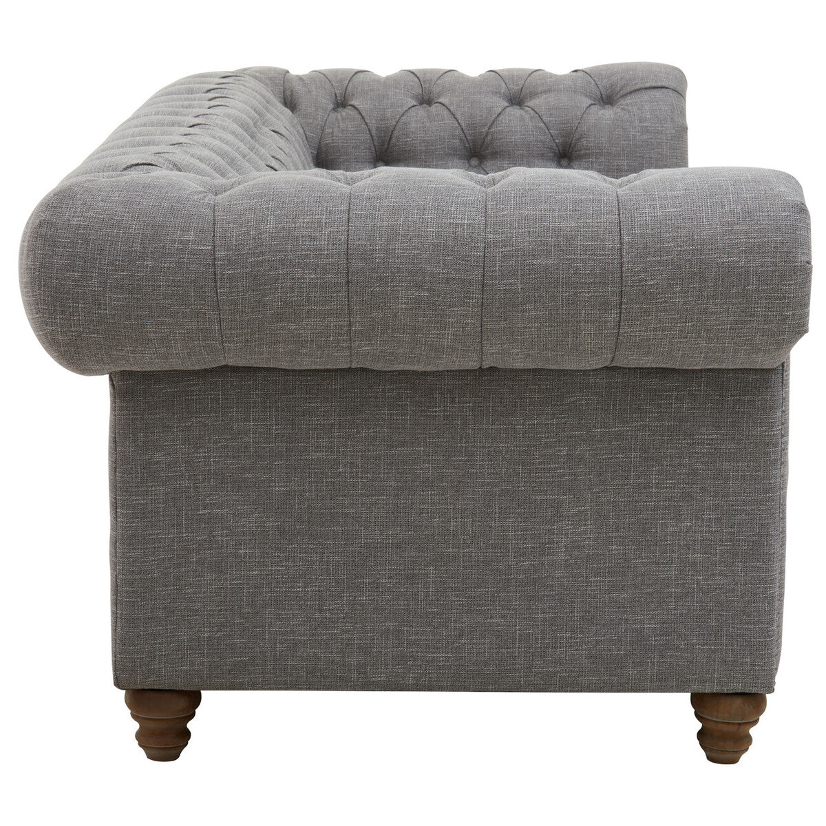 Gray tufted armchair with wooden legs on a white background