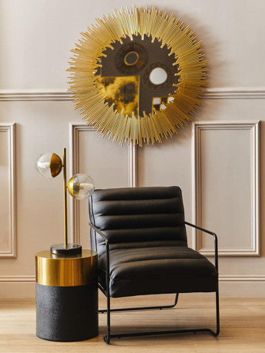 Black Round Shagreen Effect Side Table and Stool with Metallic Gold Top, Cardoba