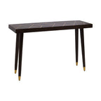 Dark wood console table with gold accents on a white background