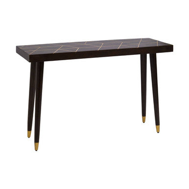 Dark wood console table with gold accents on a white background